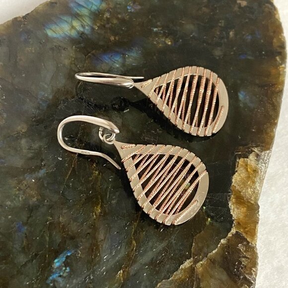 Sterling Silver 925 Italy Modernist Brass Woven Accent Teardrop Dangle Earrings - Picture 7 of 16